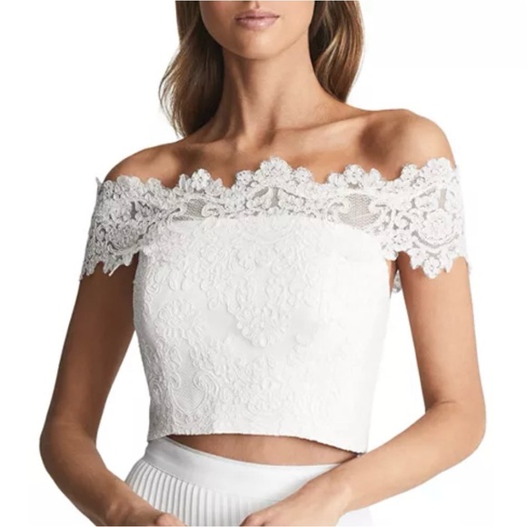 Reiss Tops - Reiss Evora Bardot Lace Off Shoulder Crop Top White NWT Size 8 Bridal
